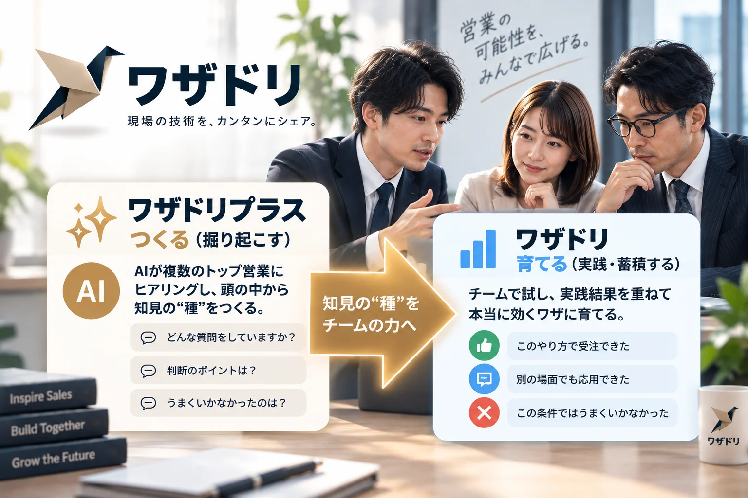 ワザドリプラスが複数のトップ営業へAIヒアリングし、ワザドリがチームで実践して育てる流れ